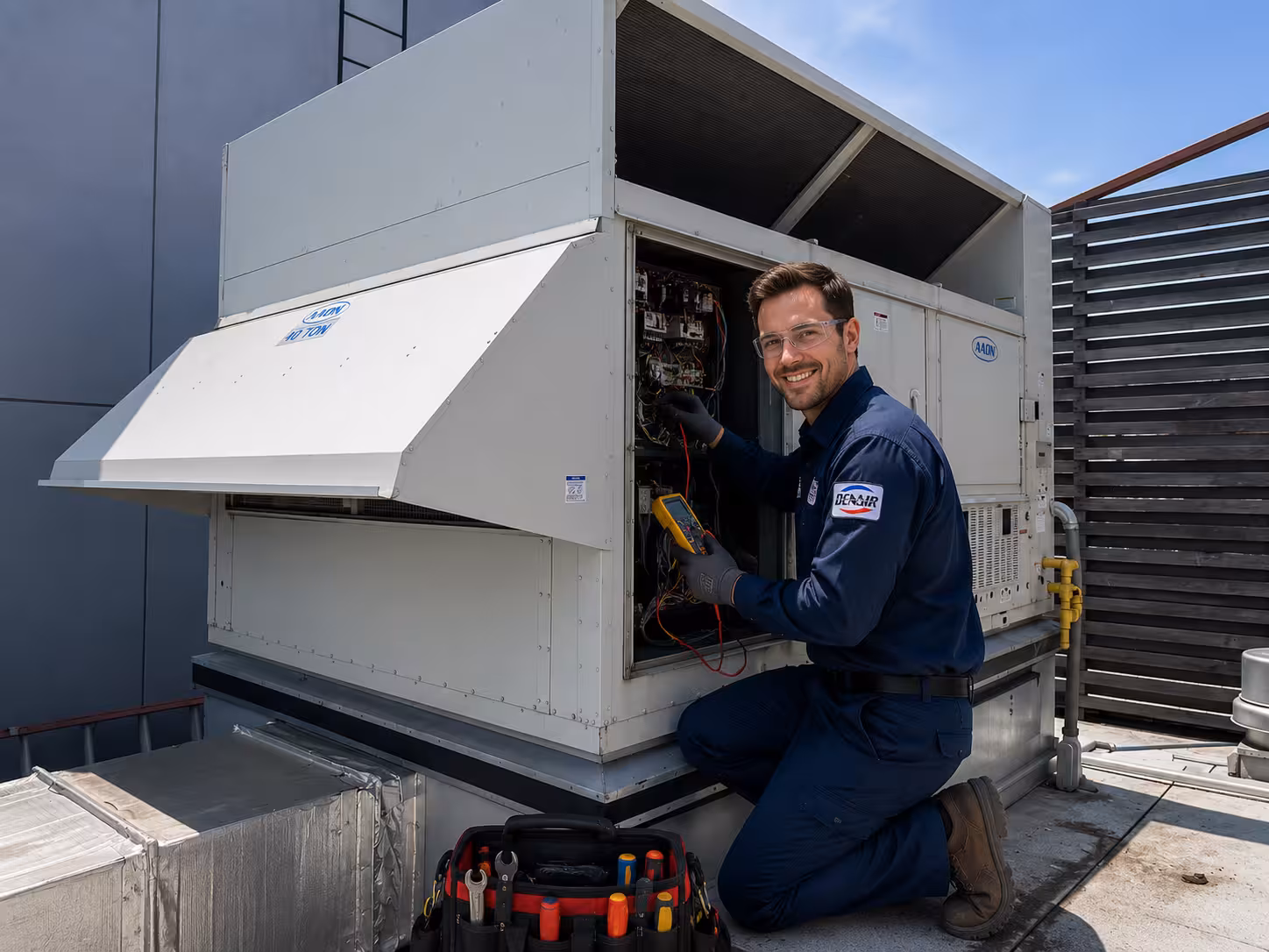 HVAC technician inspecting commercial air conditioning control panel