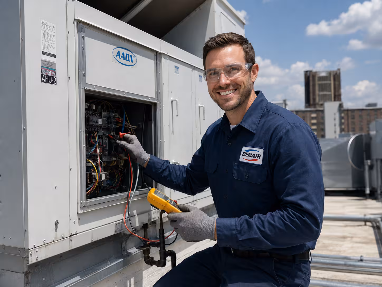 Denair HVAC technician servicing commercial rooftop unit in New York City